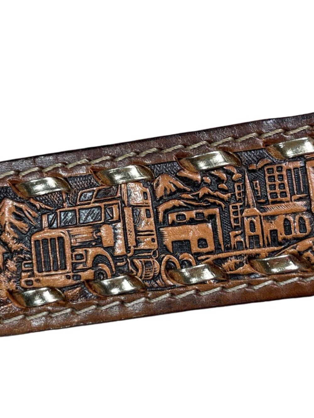 Vintage Guns Buckle Hologram Semi Trucks Leather Tooled Belt 'Bill' Size 36 - Picture 6 of 11